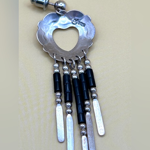 Vintage Native American Sterling Silver Heart Dangle Earrings 2" TK Emerson - Picture 7 of 9